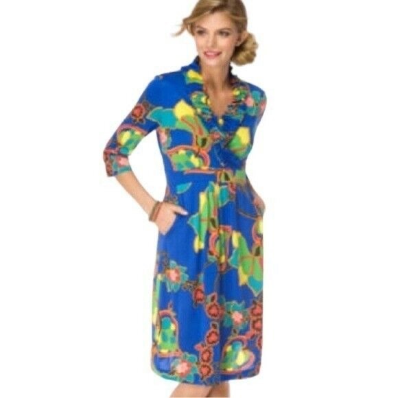 Lilly‎ Pulitzer Blayney Floral Print Midi Dress Ruffle Neck Pockets Silk Size XS - Picture 1 of 9
